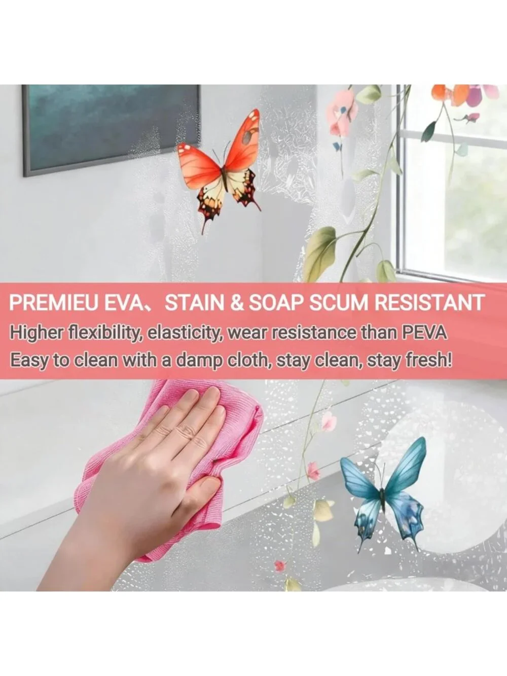 Colorful Floral Butterfly Shower Curtain Liner - 72x72 Waterproof Bathroom Decor